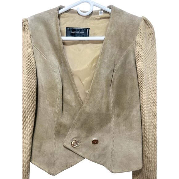 David Benjamin Suede Leather Crop Jacket Large Knit Sleeves Bonanza Western 90s - Picture 7 of 14